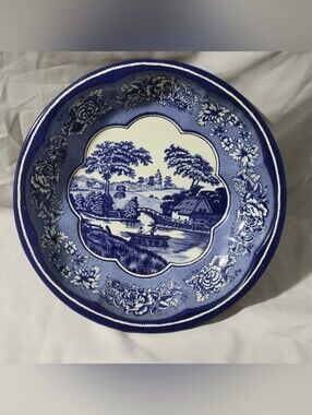 VINTAGE Metal Blue Scenic Transferware Dinner Plate - Timeless Blue and White